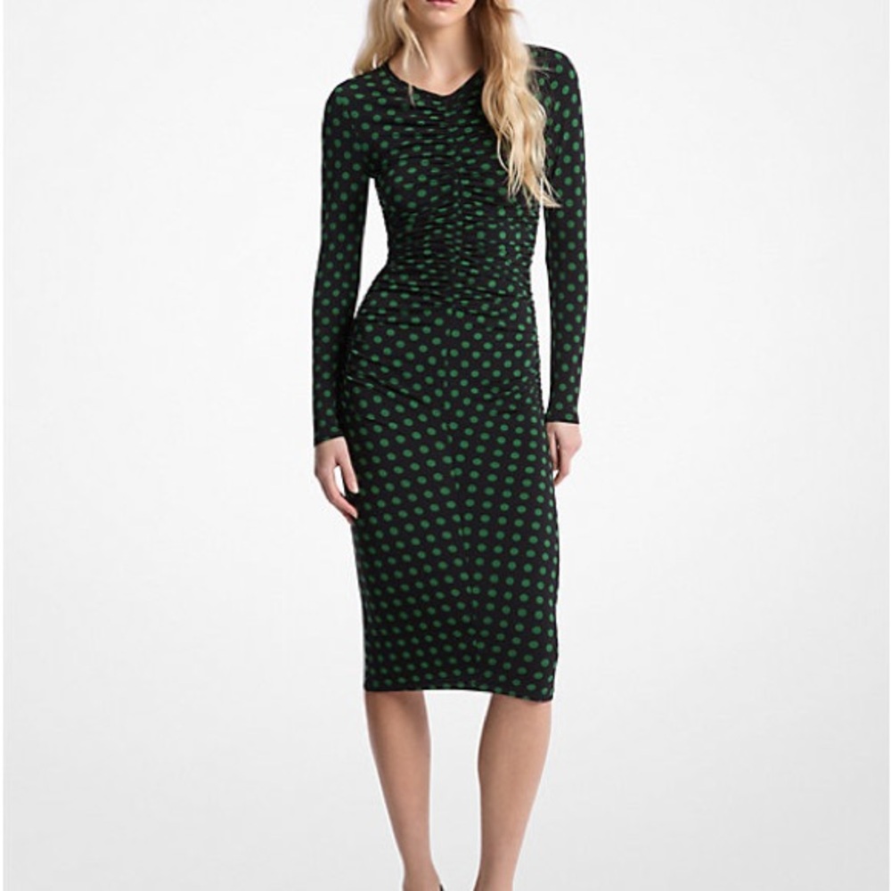 MICHAEL‎ Michael Kors Black and Green Polka Dot Midi Dress